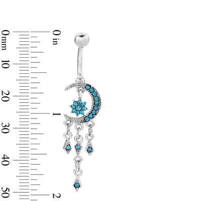 Solid Stainless Steel Blue Crystal Moon Dangle Belly Button Ring - 14G 3/8"