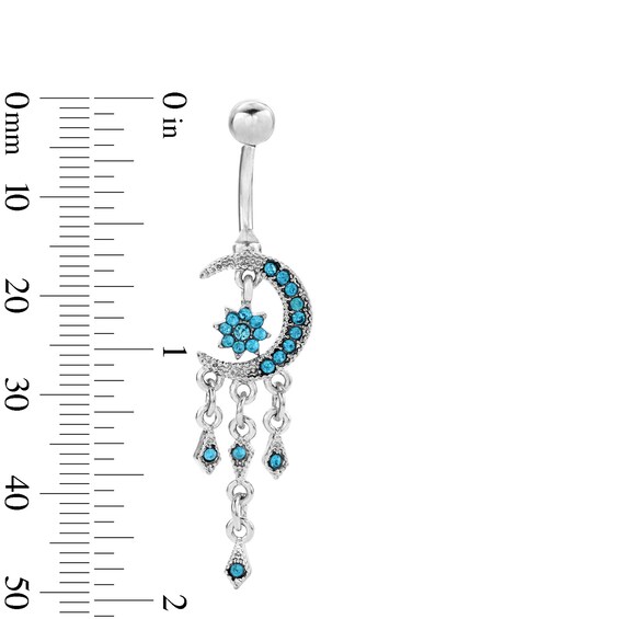 Solid Stainless Steel Blue Crystal Moon Dangle Belly Button Ring - 14G 3/8"