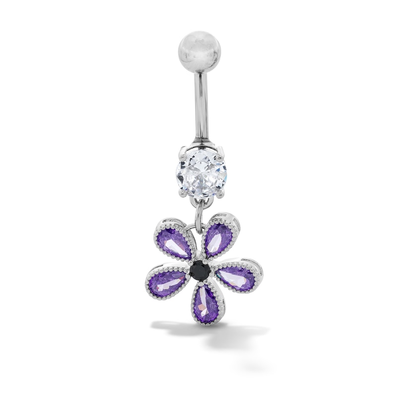 Main Image 1 of Solid Stainless Steel and Brass Tri-Color CZ Flower Dangle Belly Button Ring - 14G 3/8”