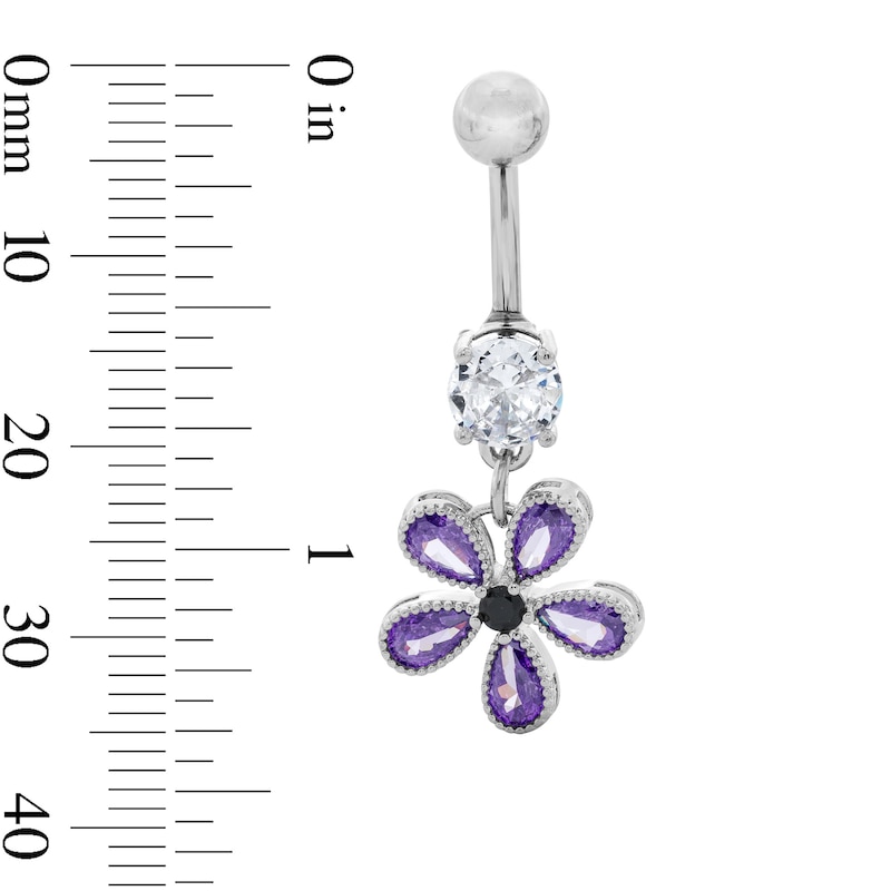 Main Image 2 of Solid Stainless Steel and Brass Tri-Color CZ Flower Dangle Belly Button Ring - 14G 3/8”