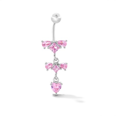 Solid Stainless Steel Pink CZ Clusters Dangle Belly Button Ring - 14G 3/8”