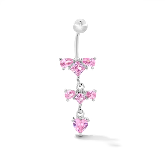 Solid Stainless Steel Pink CZ Clusters Dangle Belly Button Ring - 14G 3/8”