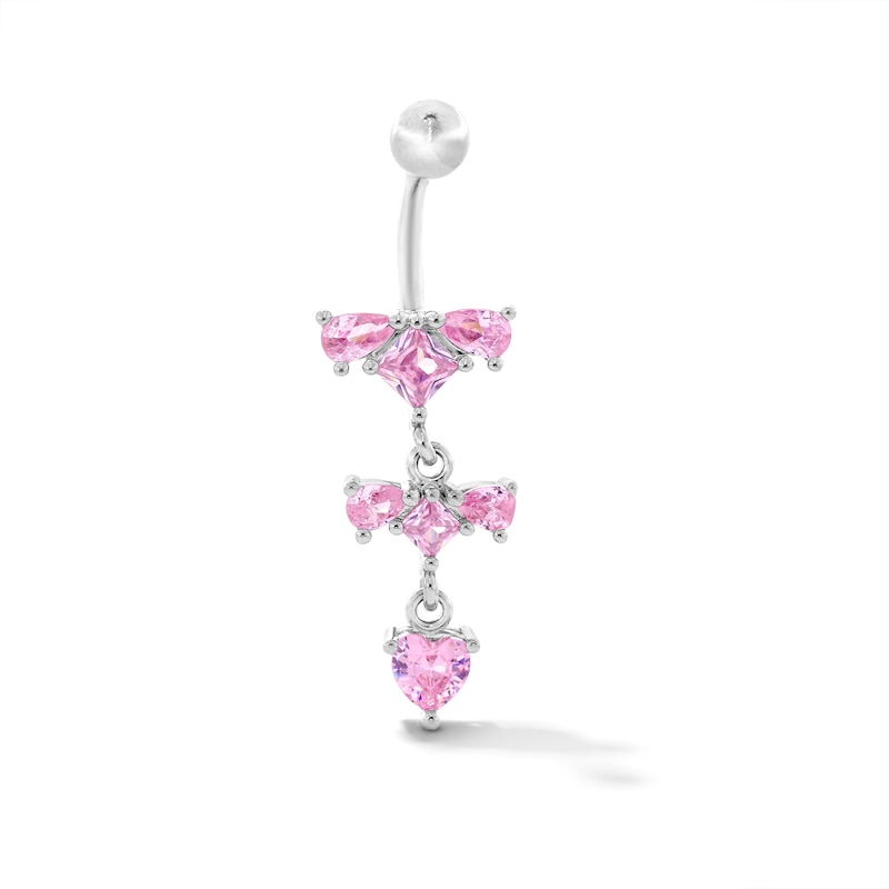 Solid Stainless Steel Pink CZ Clusters Dangle Belly Button Ring - 14G 3/8”