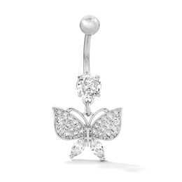 Solid Stainless Steel CZ Triple Stone Butterfly Belly Button Ring - 14G 3/8"