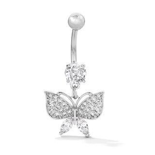 Solid Stainless Steel CZ Butterfly Dangle Belly Button Ring - 14G 3/8"