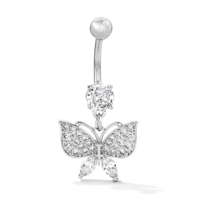 Solid Stainless Steel CZ Butterfly Dangle Belly Button Ring - 14G 3/8"