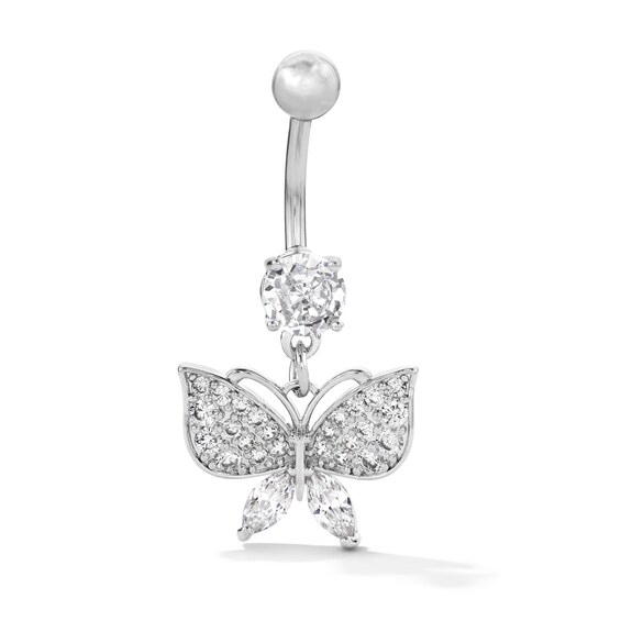 Solid Stainless Steel CZ Butterfly Dangle Belly Button Ring - 14G 3/8"