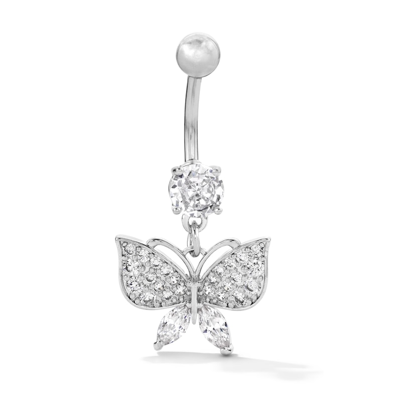 Solid Stainless Steel CZ Butterfly Dangle Belly Button Ring - 14G 3/8"