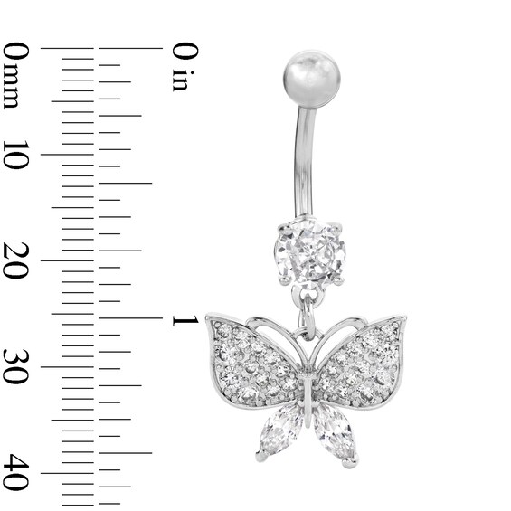 Solid Stainless Steel CZ Butterfly Dangle Belly Button Ring - 14G 3/8"