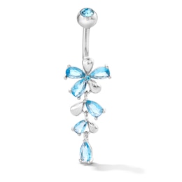 Solid Stainless Steel CZ Blue Pear Dangle Belly Button Ring - 14G 3/8"