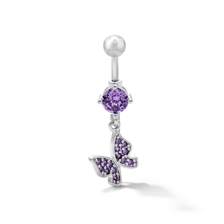 Solid Stainless Steel Purple CZ Butterfly Dangle Belly Ring - 14G 3/8"