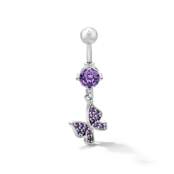 Solid Stainless Steel Purple CZ Butterfly Dangle Belly Ring - 14G 3/8"