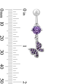 Solid Stainless Steel Purple CZ Butterfly Dangle Belly Ring - 14G 3/8"