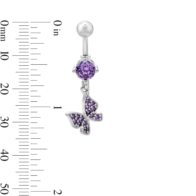 Main Image 2 of Solid Stainless Steel Purple CZ Butterfly Dangle Belly Ring - 14G 3/8"