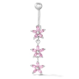 Solid Stainless Steel CZ Pink Marquise Belly Button Ring - 14G 3/8"