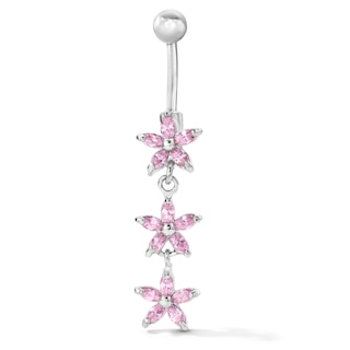 Solid Stainless Steel Pink CZ Flower Dangle Belly Button Ring - 14G 3/8"