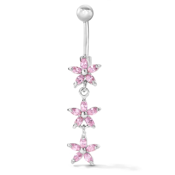 Solid Stainless Steel Pink CZ Flower Dangle Belly Button Ring - 14G 3/8"