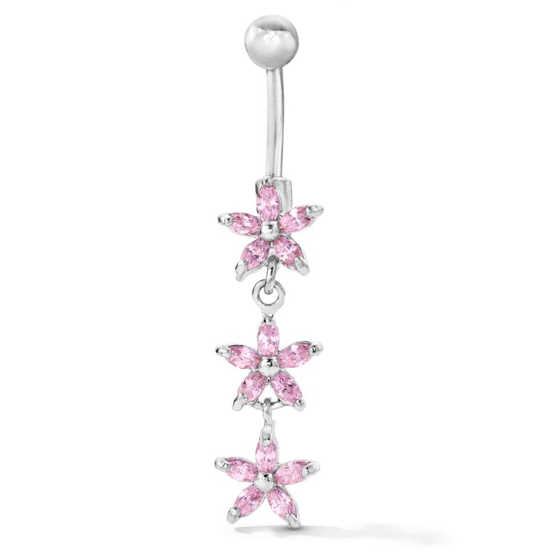 Solid Stainless Steel Pink CZ Flower Dangle Belly Button Ring - 14G 3/8"