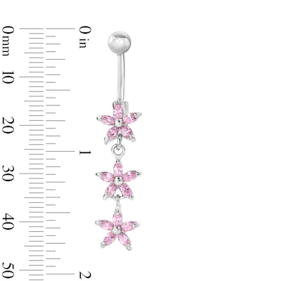 Solid Stainless Steel Pink CZ Flower Dangle Belly Button Ring - 14G 3/8"
