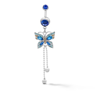 Solid Stainless Steel Blue and Yellow Crystal Butterfly Dangle Belly Ring - 14G 3/8"