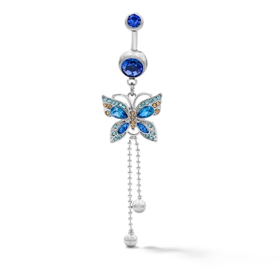 Solid Stainless Steel Blue and Yellow Crystal Butterfly Dangle Belly Ring - 14G 3/8"