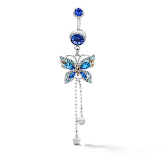 Solid Stainless Steel Blue and Yellow Crystal Butterfly Dangle Belly Ring - 14G 3/8"