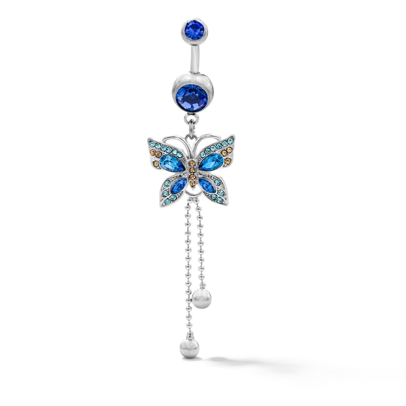 Main Image 1 of Solid Stainless Steel Blue and Yellow Crystal Butterfly Dangle Belly Ring - 14G 3/8"