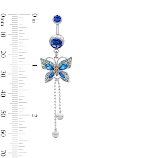 Solid Stainless Steel Blue and Yellow Crystal Butterfly Dangle Belly Ring - 14G 3/8"
