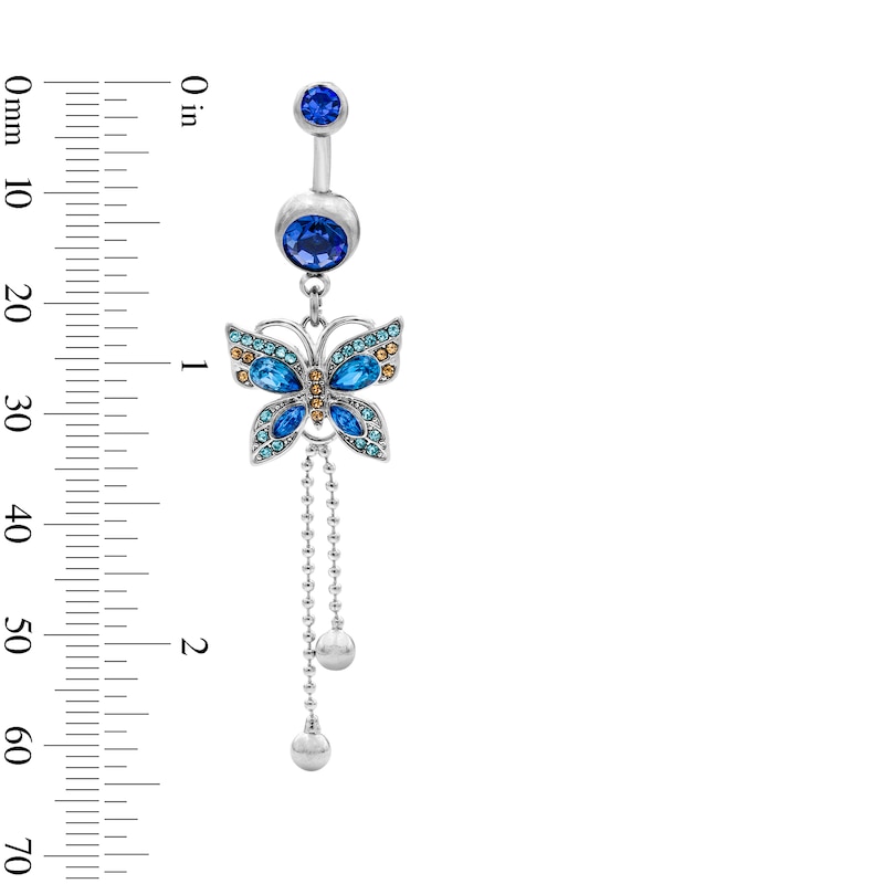 Main Image 2 of Solid Stainless Steel Blue and Yellow Crystal Butterfly Dangle Belly Ring - 14G 3/8"