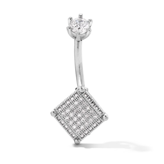Solid Stainless Steel CZ Square Belly Button Ring - 14G 3/8"