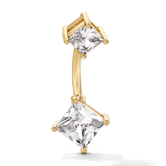 Yellow Ion Plated CZ Double Princess-Cut Belly Button Ring - 14G 3/8"