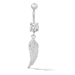 Solid Stainless Steel CZ Feather Dangle Belly Button Ring - 14G 3/8"