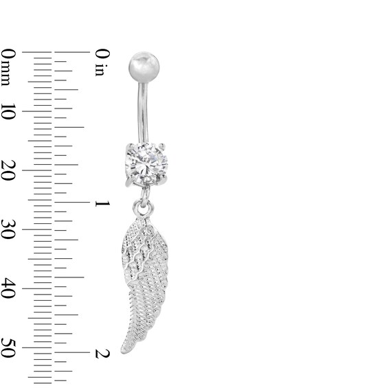 Solid Stainless Steel CZ Feather Dangle Belly Button Ring - 14G 3/8"