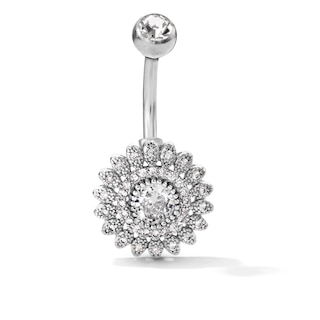 Solid Stainless Steel CZ Flower Belly Button Ring - 14G  3/8"