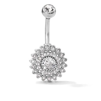 Solid Stainless Steel CZ Flower Belly Button Ring - 14G  3/8"