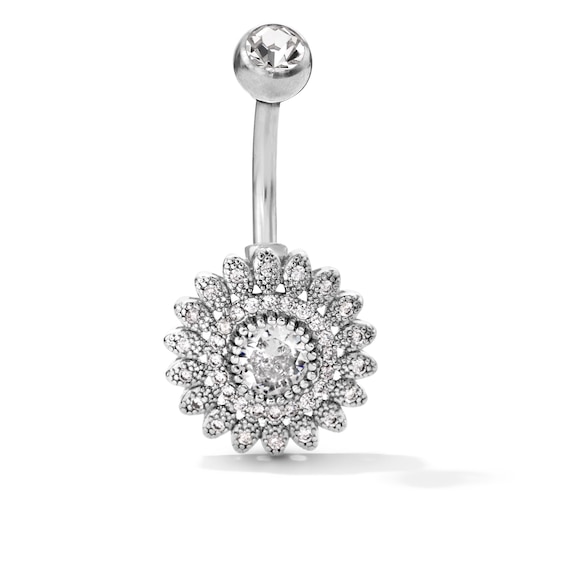 Solid Stainless Steel CZ Flower Belly Button Ring - 14G  3/8"