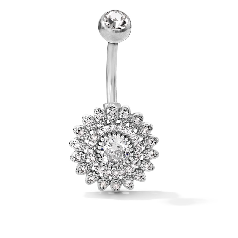 Solid Stainless Steel CZ Flower Belly Button Ring - 14G 3/8"
