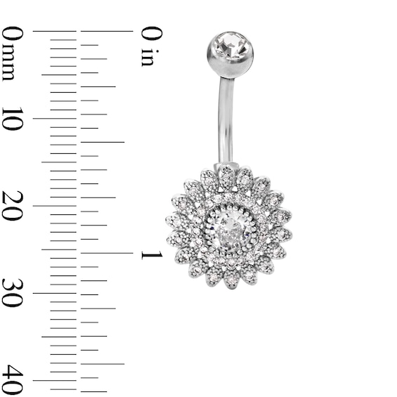 Solid Stainless Steel CZ Flower Belly Button Ring - 14G  3/8"