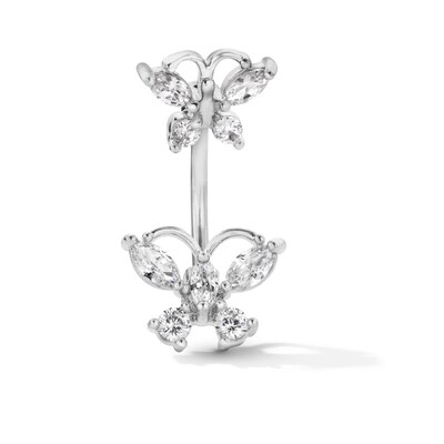 Solid Stainless Steel CZ Double Butterfly Belly Button Ring - 14G 3/8"