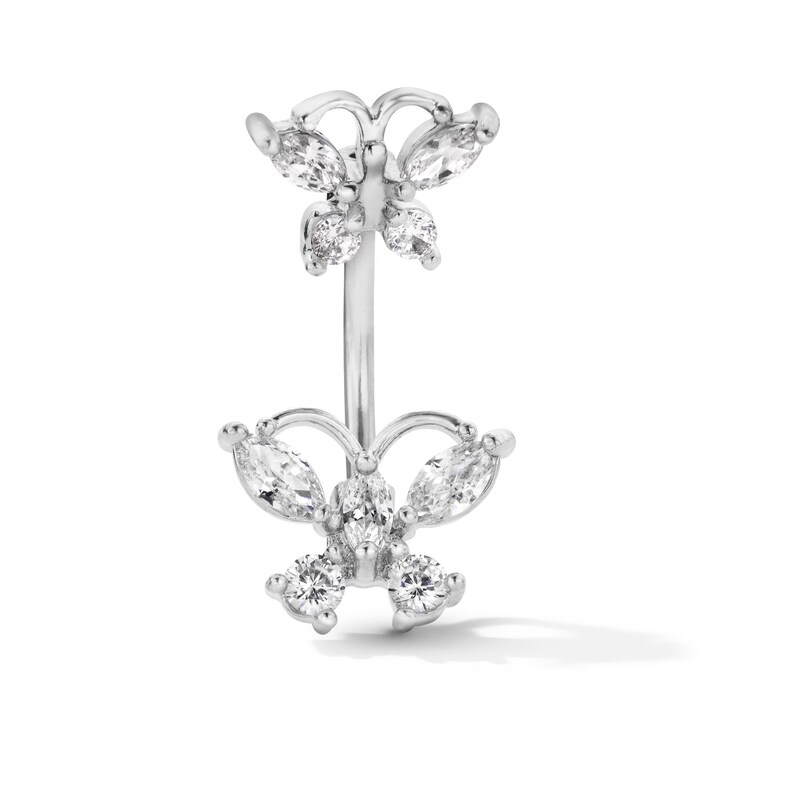 Solid Stainless Steel CZ Double Butterfly Belly Button Ring - 14G 3/8"