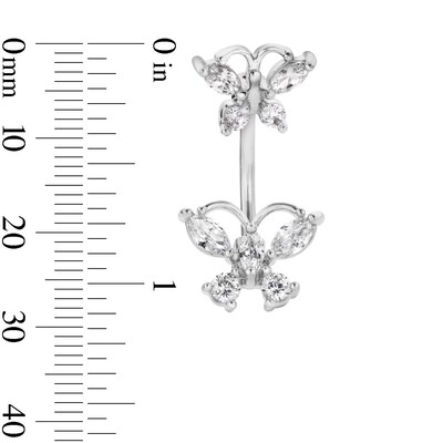Solid Stainless Steel CZ Double Butterfly Belly Button Ring - 14G 3/8"