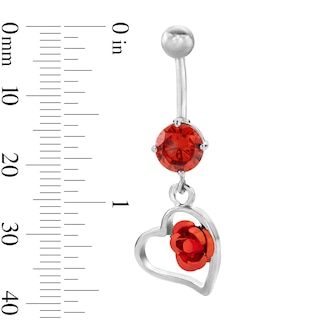 Solid Stainless Steel Red Crystal Heart and Rose Belly Button Ring - 14G 3/8"