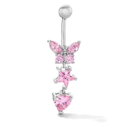 Solid Stainless Steel Pink CZ Dangle Belly Button Ring - 14G  3/8"
