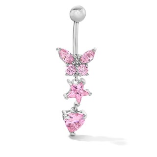 Solid Stainless Steel Pink CZ Dangle Belly Button Ring - 14G  3/8"