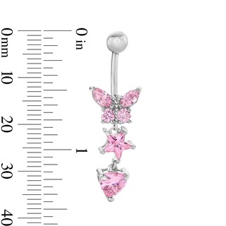 Solid Stainless Steel Pink CZ Dangle Belly Button Ring - 14G  3/8"