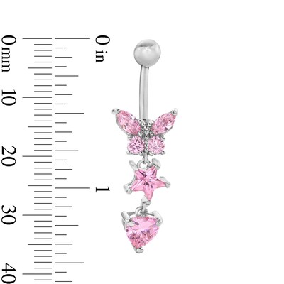 Solid Stainless Steel Pink CZ Dangle Belly Button Ring - 14G  3/8"