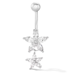 Solid Stainless Steel CZ Double Flower Belly Button Ring - 14G 3/8"