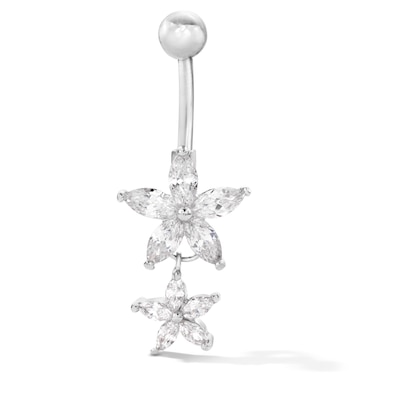 Solid Stainless Steel CZ Double Flower Belly Button Ring - 14G 3/8"