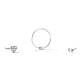 Semi-Solid Sterling Silver CZ Heart and Crystal Nose Stud and Nose Ring Set - 22G 3/8”