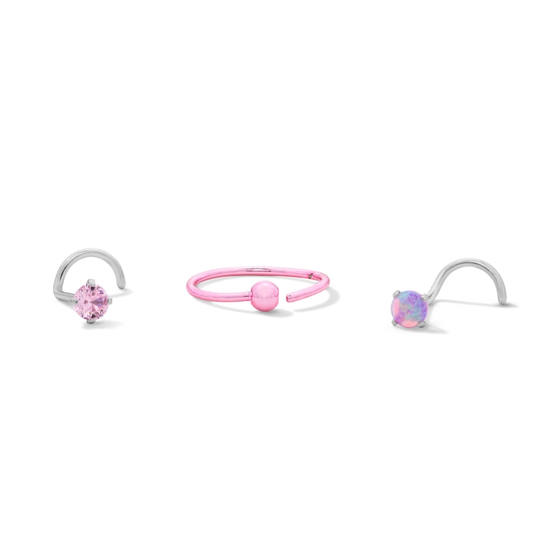 Main Image 1 of Semi-Solid Stainless Steel CZ and Simulated Opal Nose Stud and Ring Set - 20G 5/16”